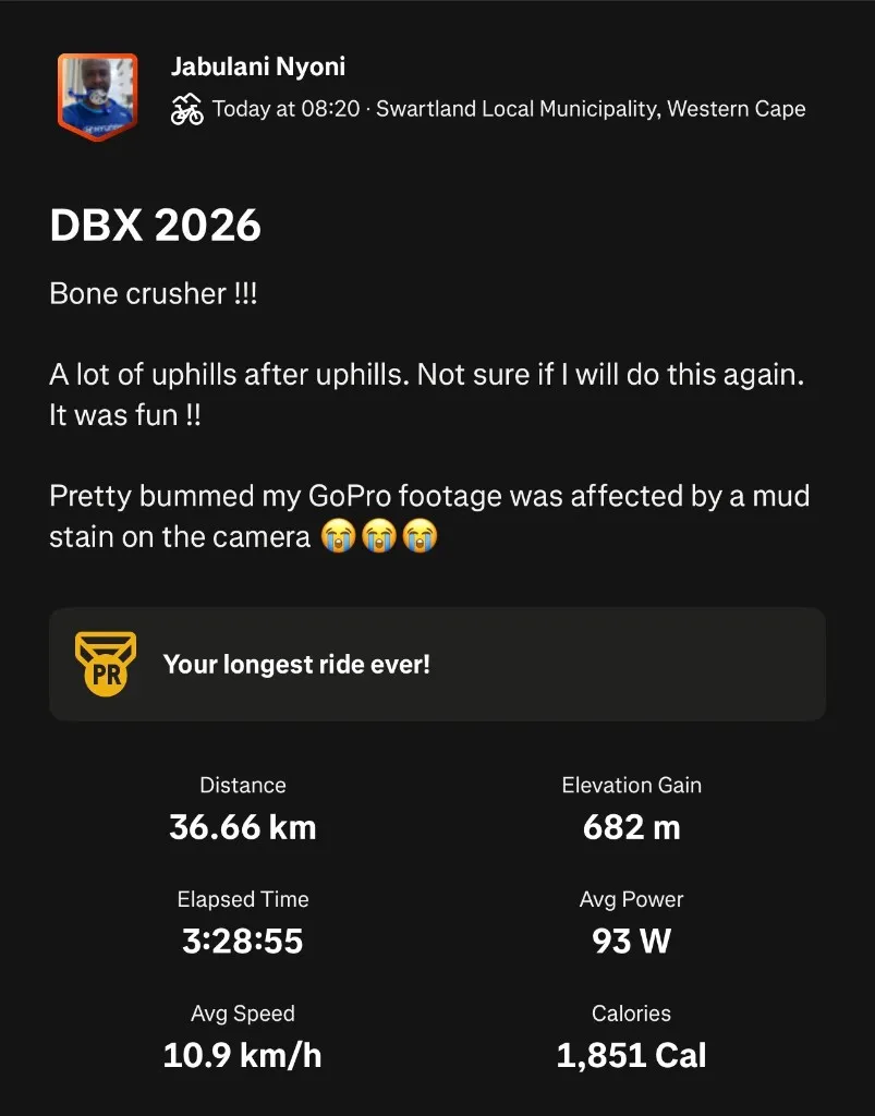 DBX 2026 on Strava — 36.66 km, 3:28:55 elapsed, 682 m elevation
